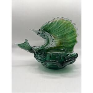Art Glass Ashtray Swordfish Sailfish Fish Bowl Heavy Green Handblown Glass